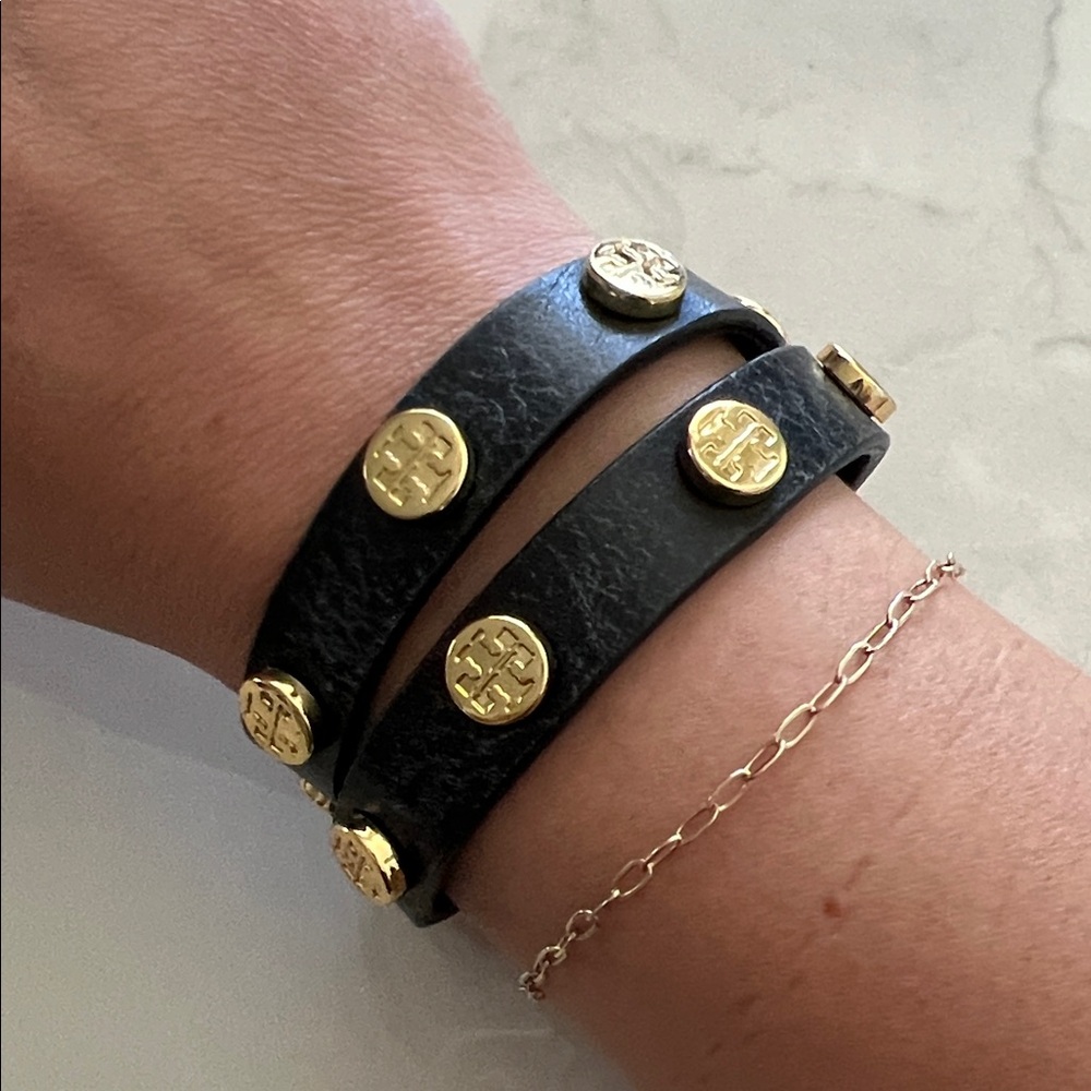 Tory Burch Black Leather Bracelet with Gold Studs